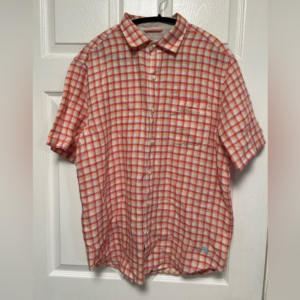Tommy Bahama St. Croix Check Claret SS 100% Linen Button Up Shirt Size M